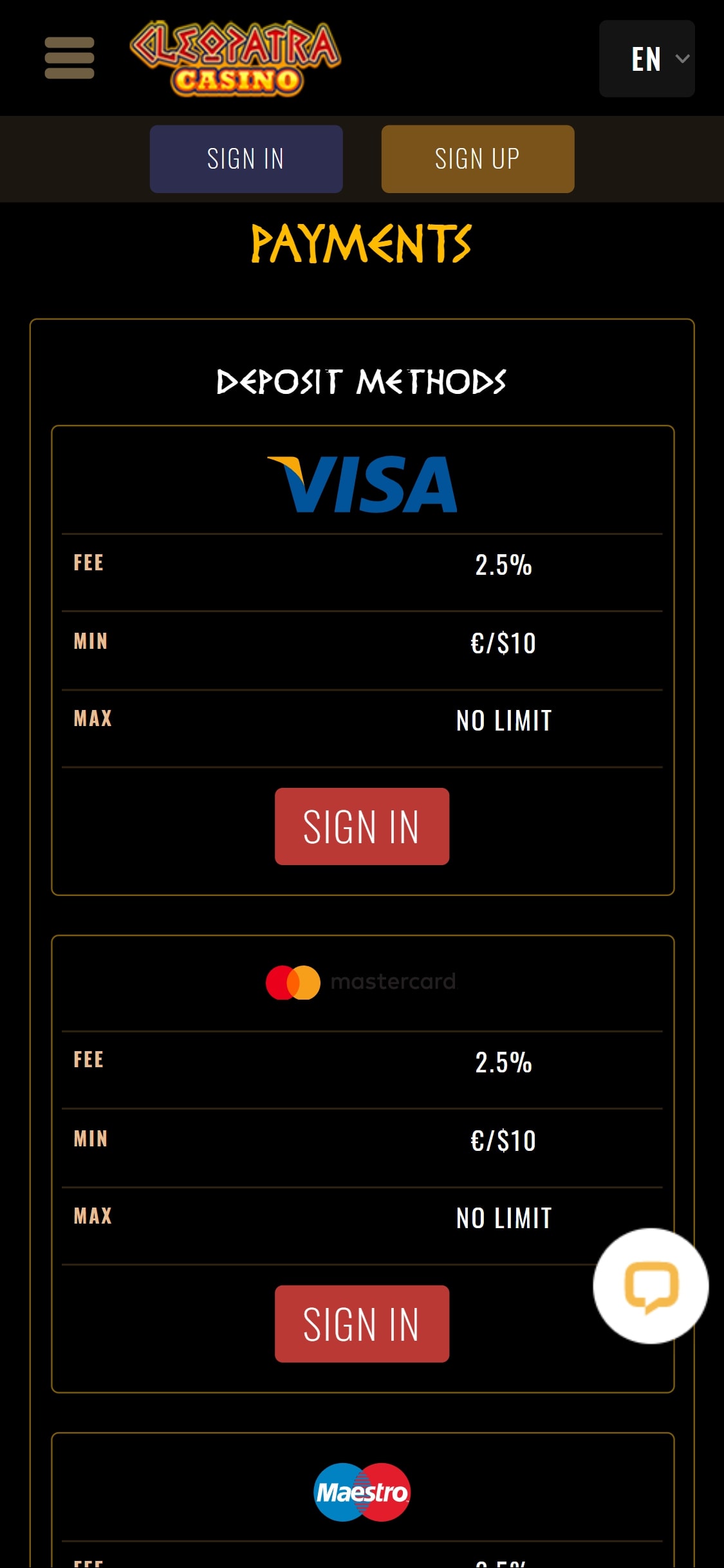Cleopatra Casino Mobile Payment Methods Review