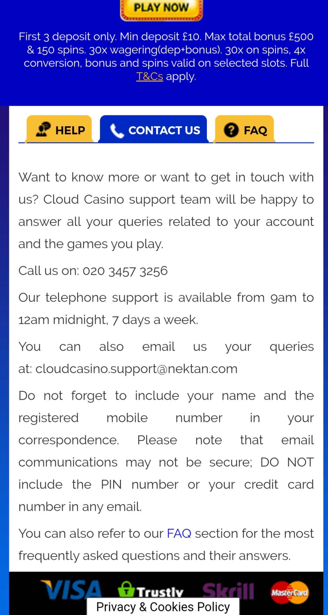 CloudCasino Mobile Support Review