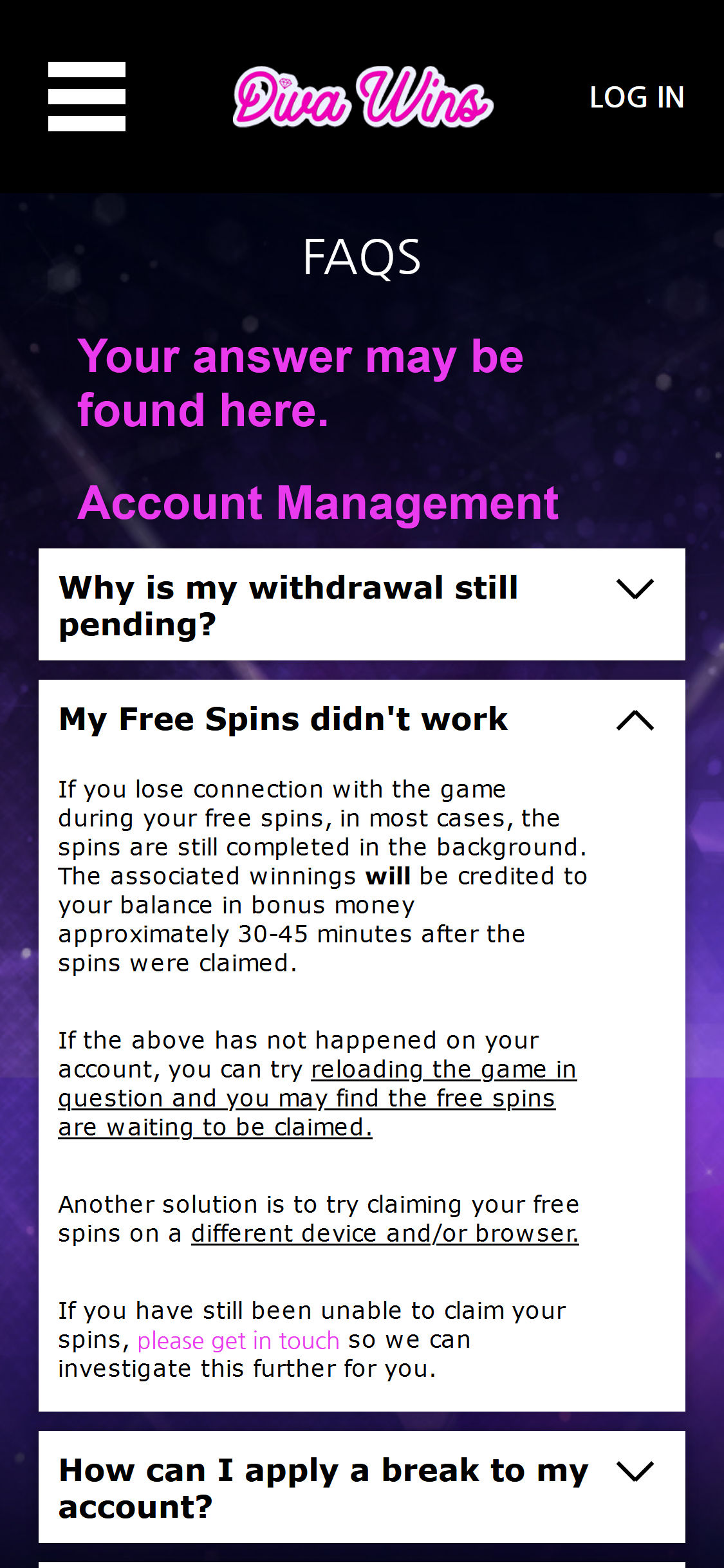 Diva Wins Casino Mobile Support Review