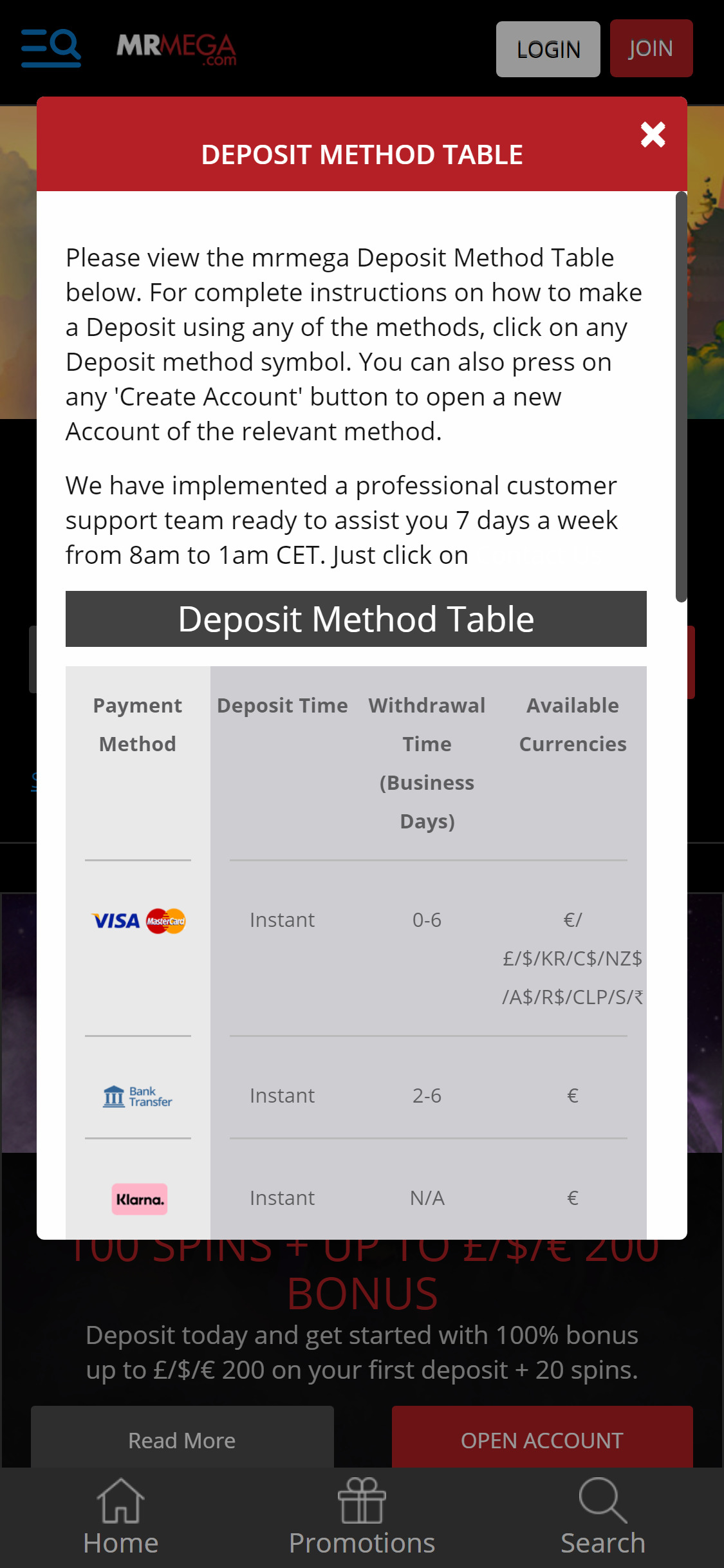 MrMega Casino Mobile Payment Methods Review