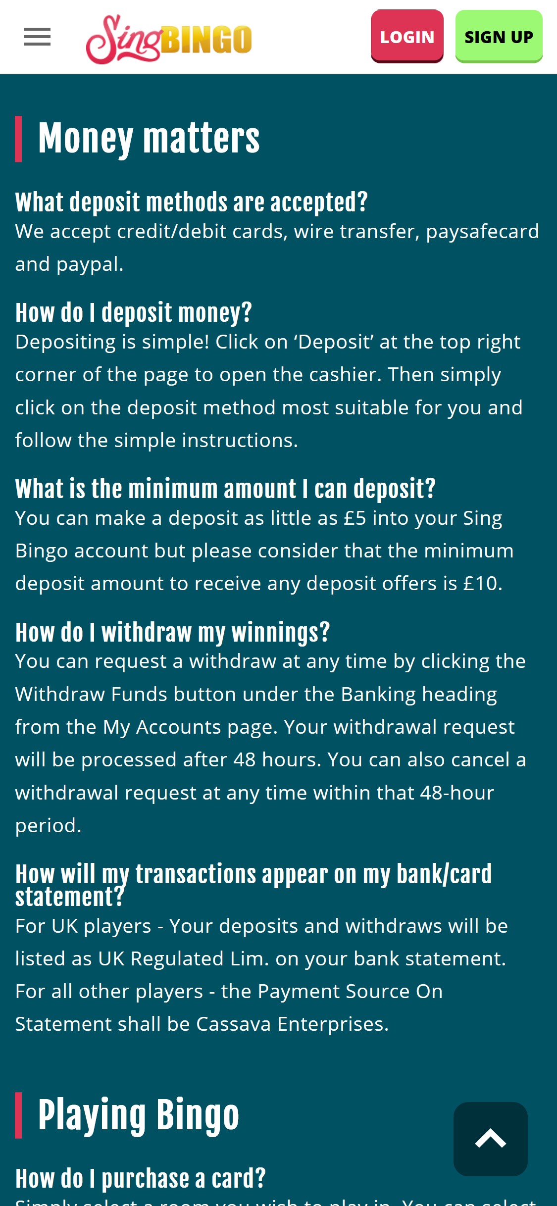 Sing Bingo Casino Mobile Payment Methods Review