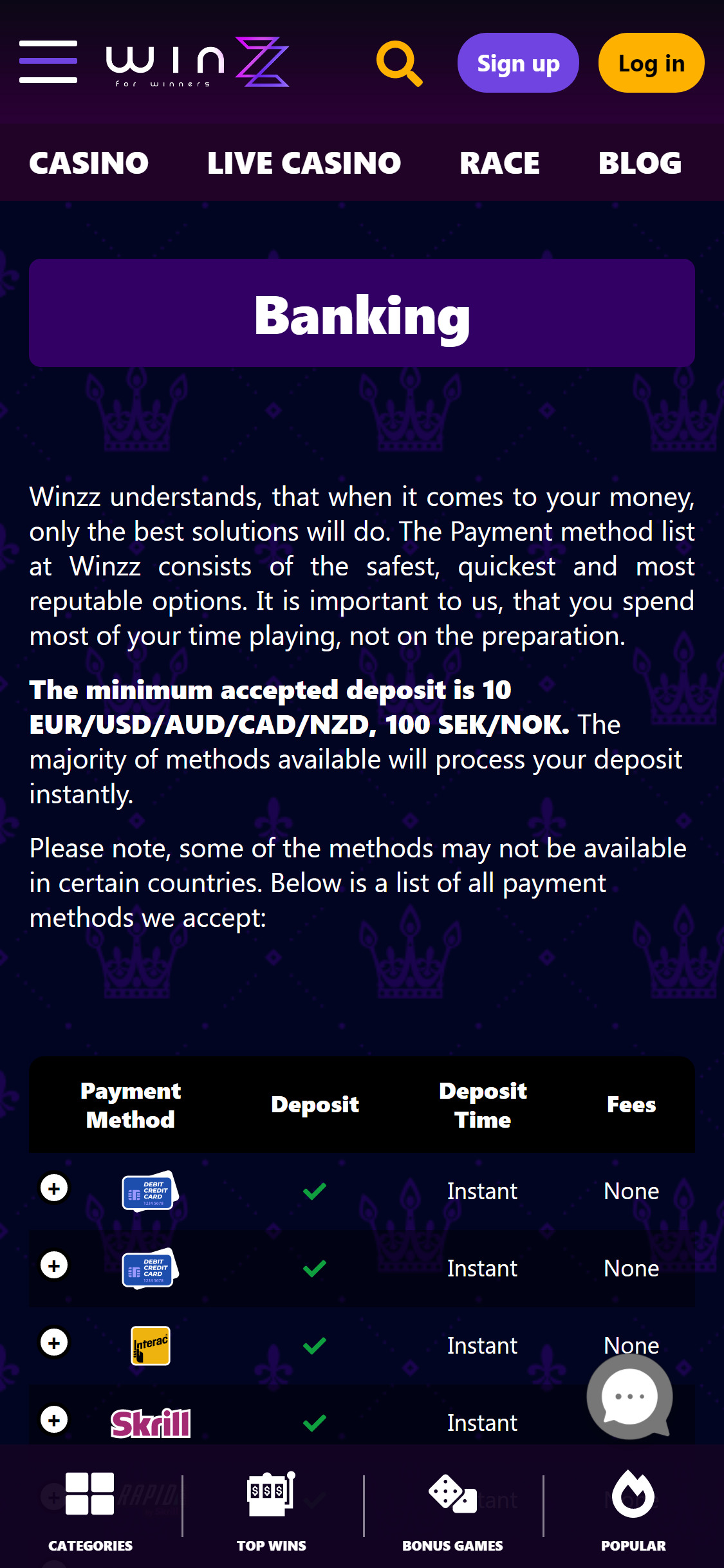 Winzz Casino Mobile Payment Methods Review