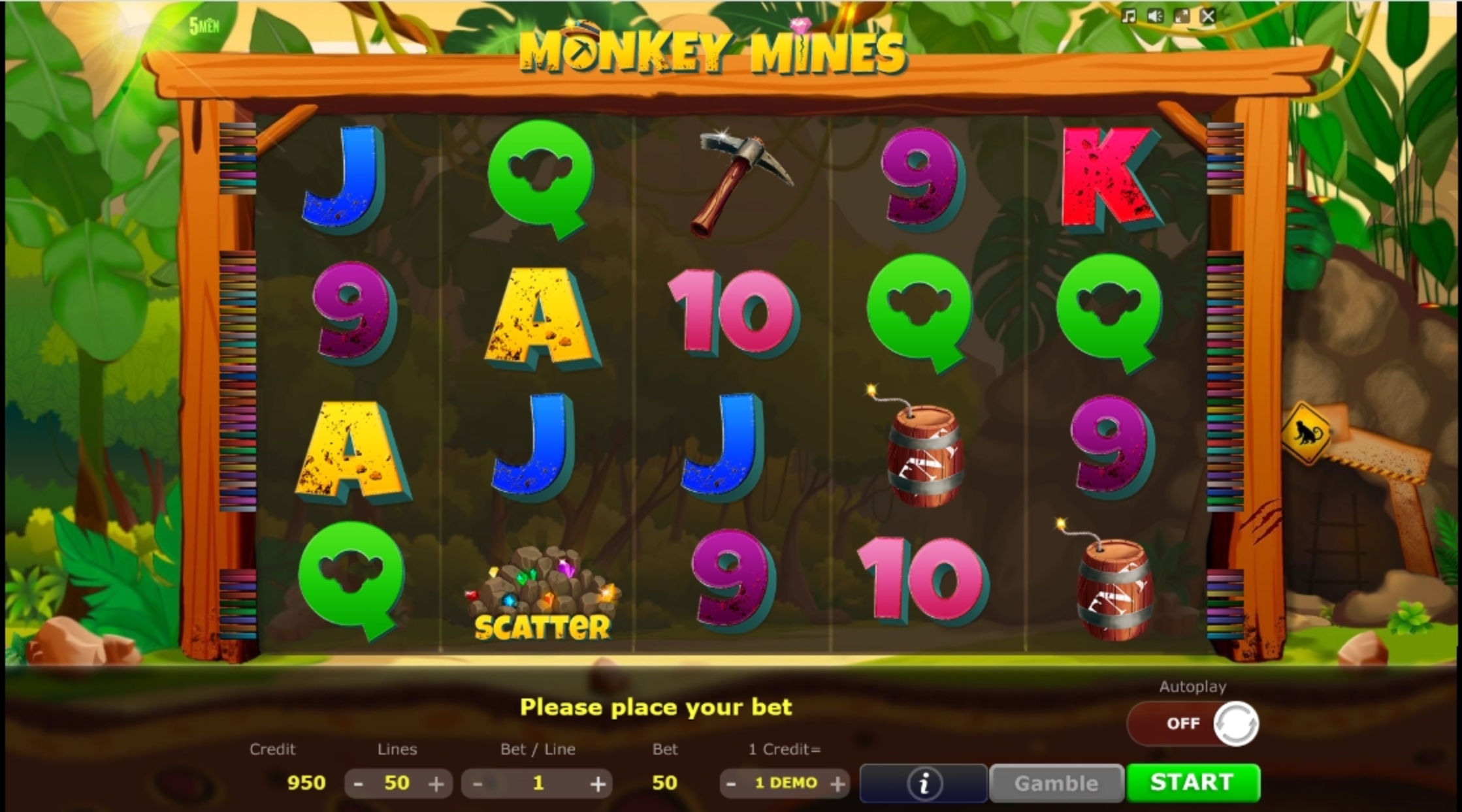 Reels in Monkey Mines Slot Game by Five Men Games