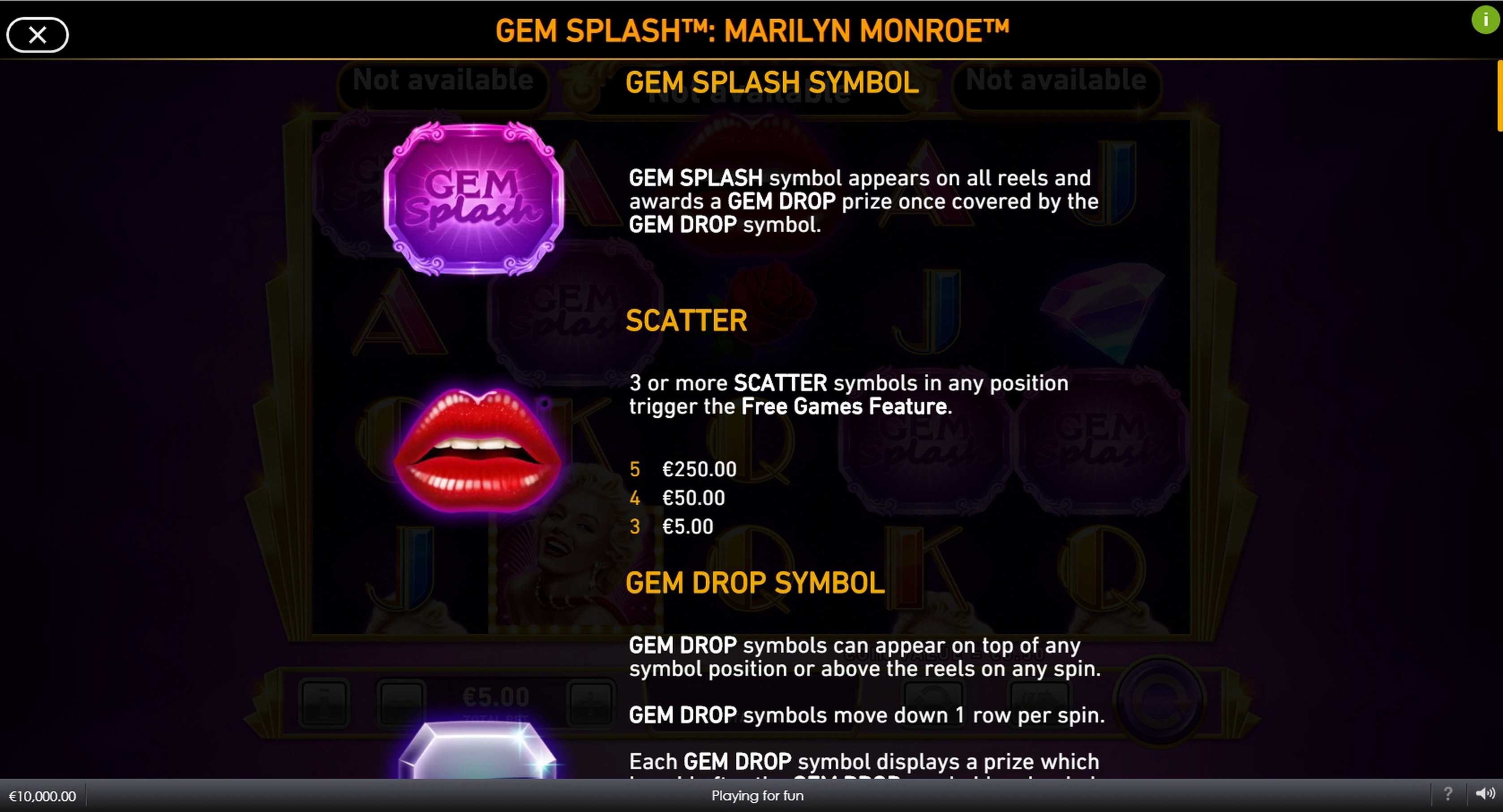 Info of Gem Splash Marilyn Monroe Slot Game by Rarestone Gaming
