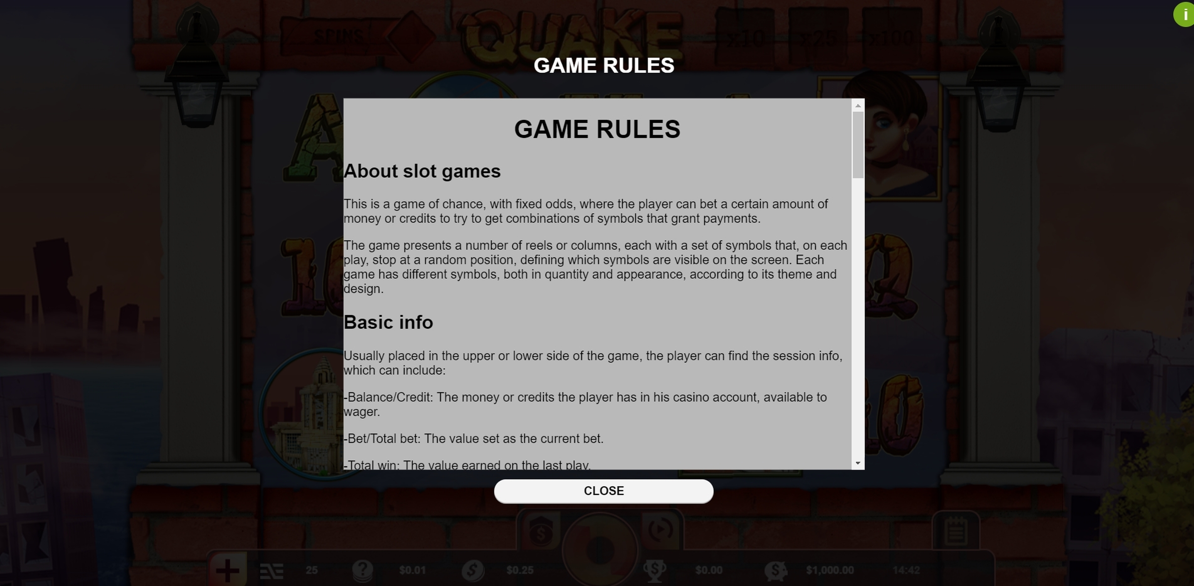 Info of Quake Slot Game by Vibra Gaming