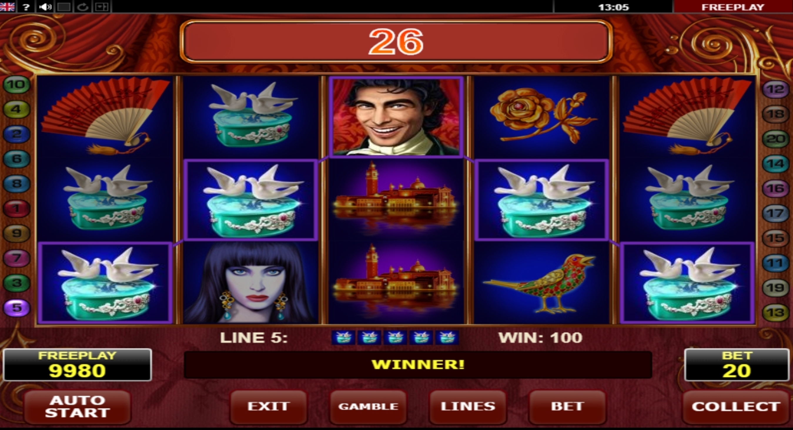 Win Money in Casanova Free Slot Game by Amatic Industries