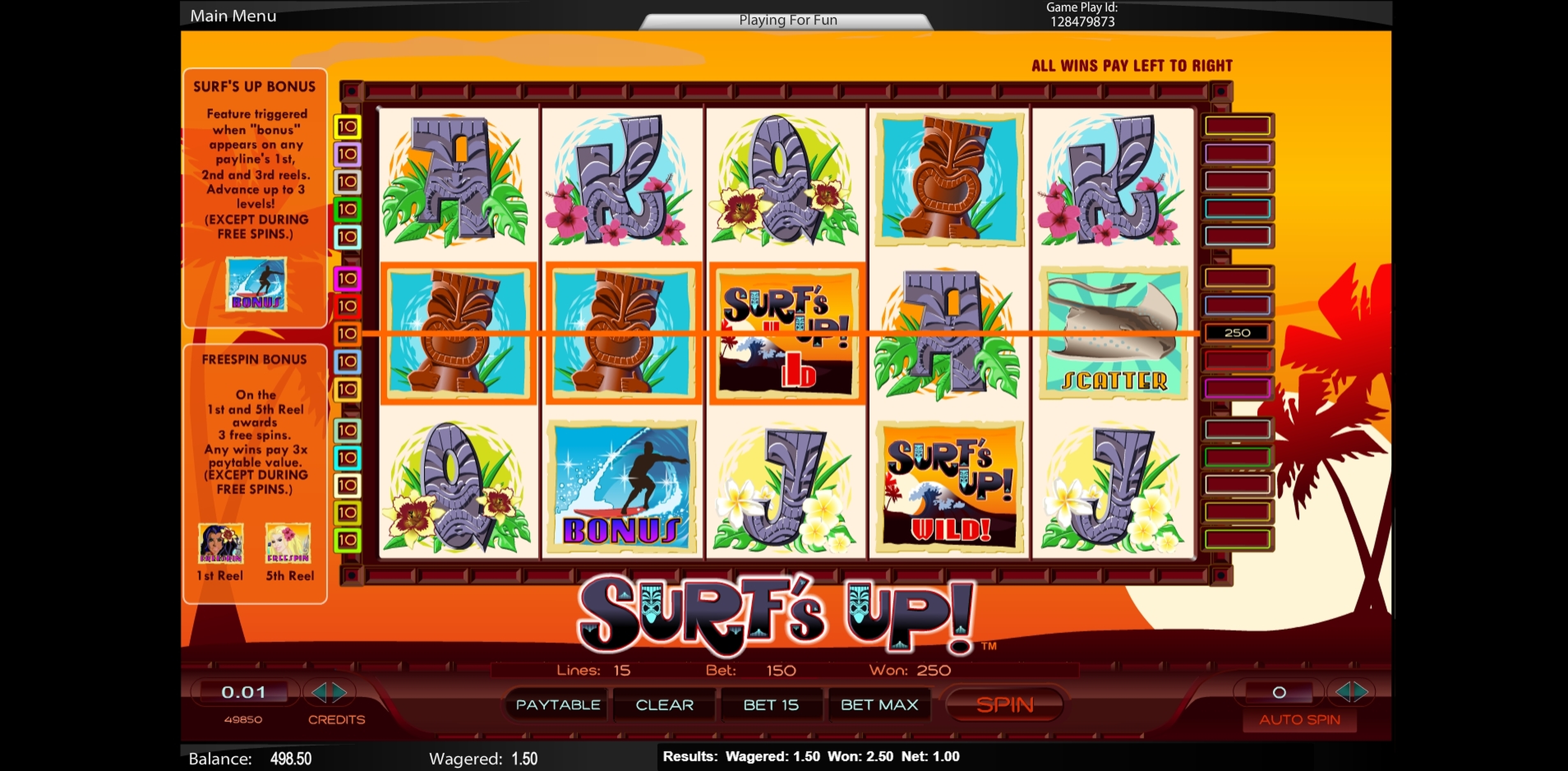 Win Money in Surfs Up Free Slot Game by Amaya