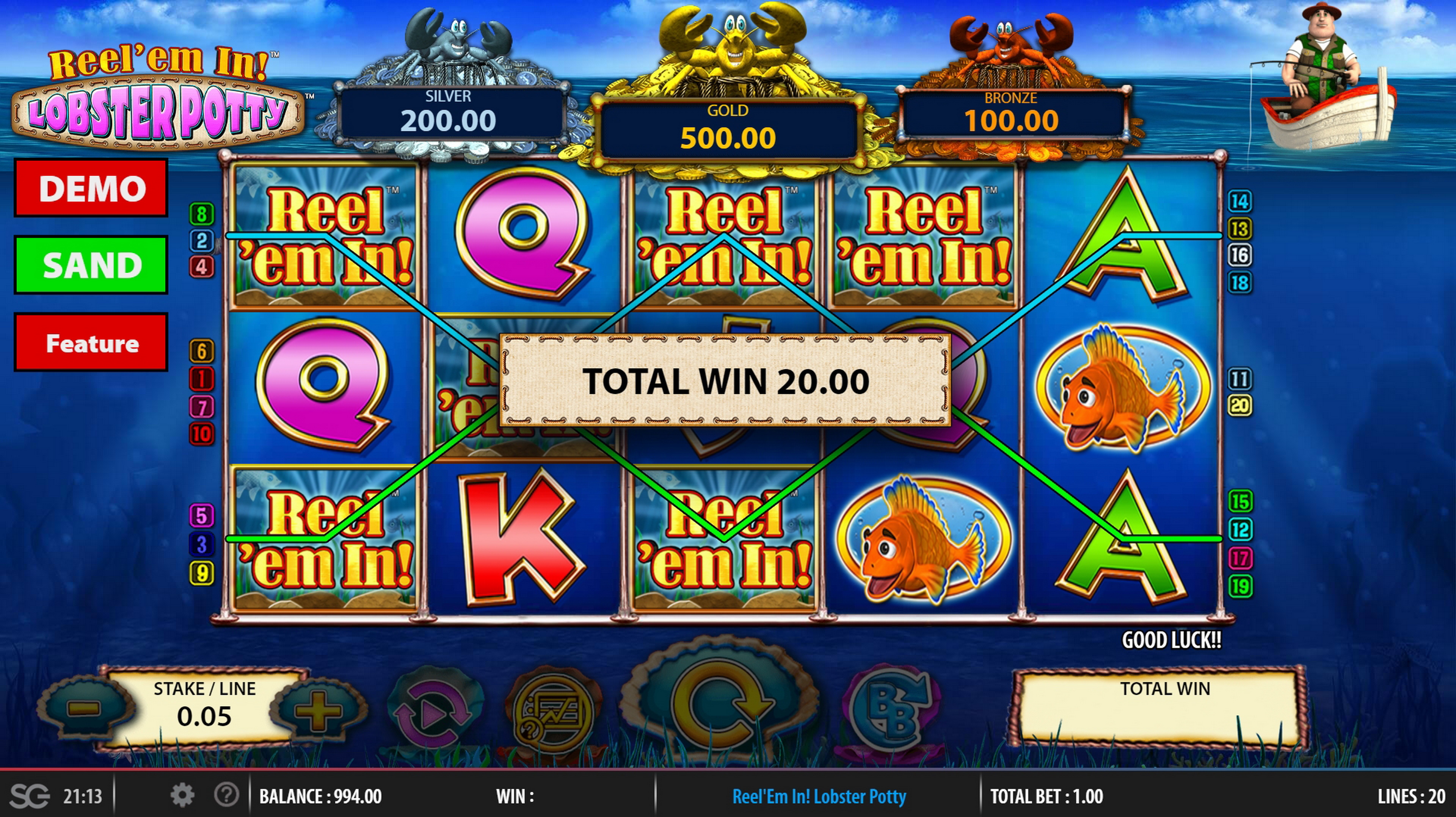 Win Money in Reel 'em In Lobster Potty Free Slot Game by Barcrest Games
