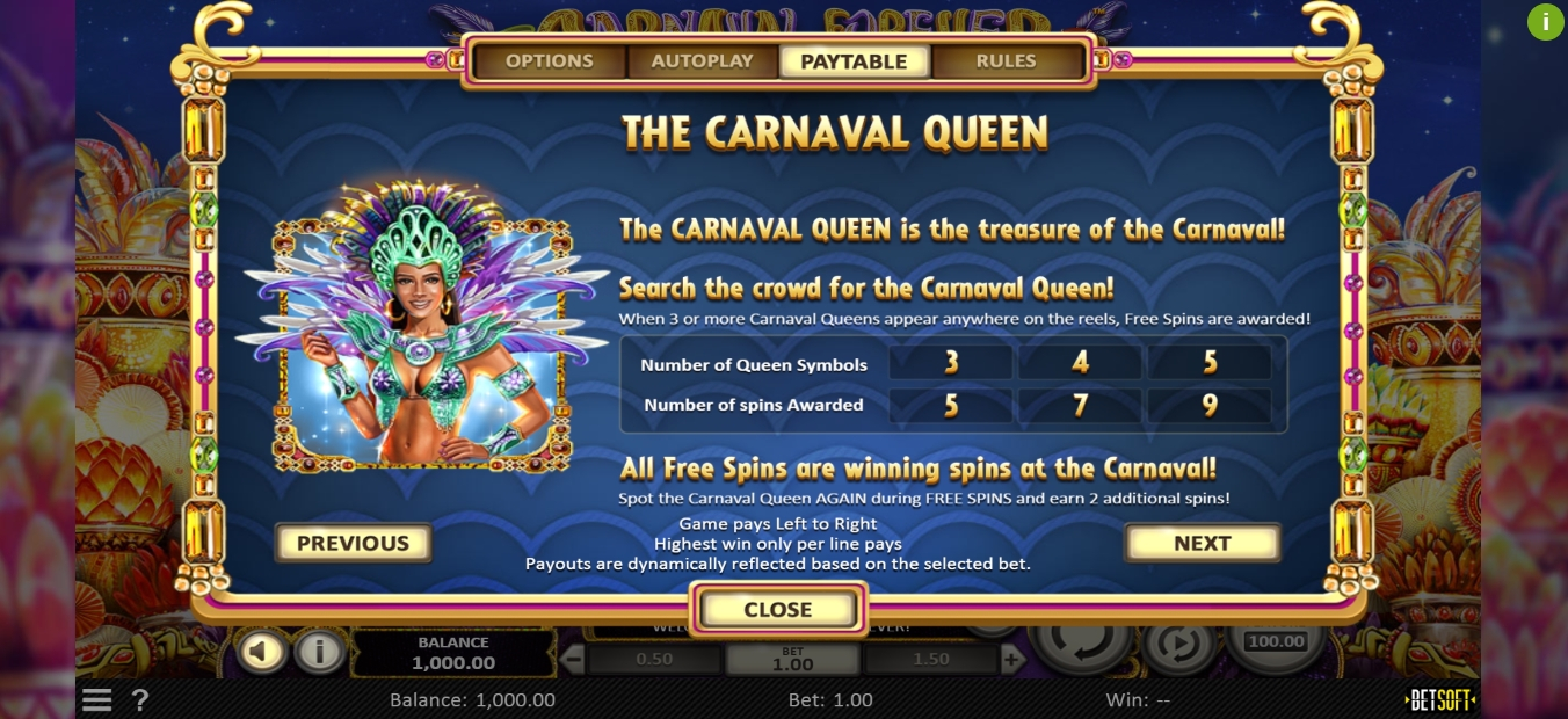Info of Carnaval Forever Slot Game by Betsoft