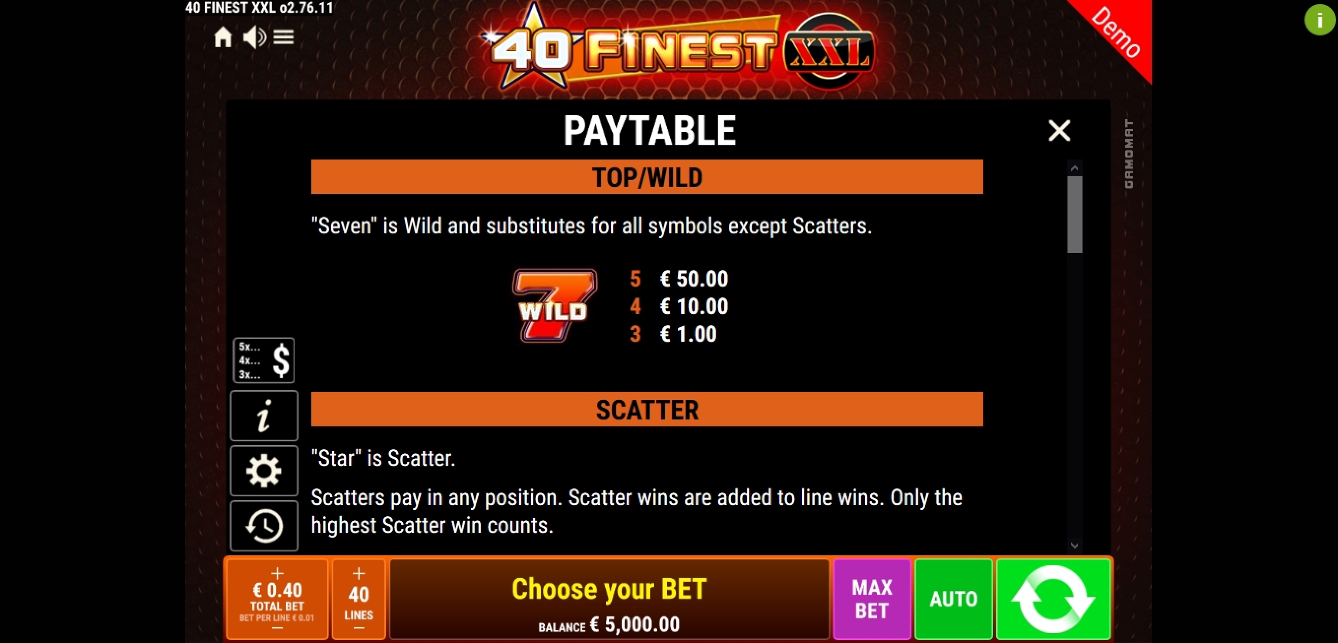 Info of 40 Finest XXL Slot Game by Gamomat