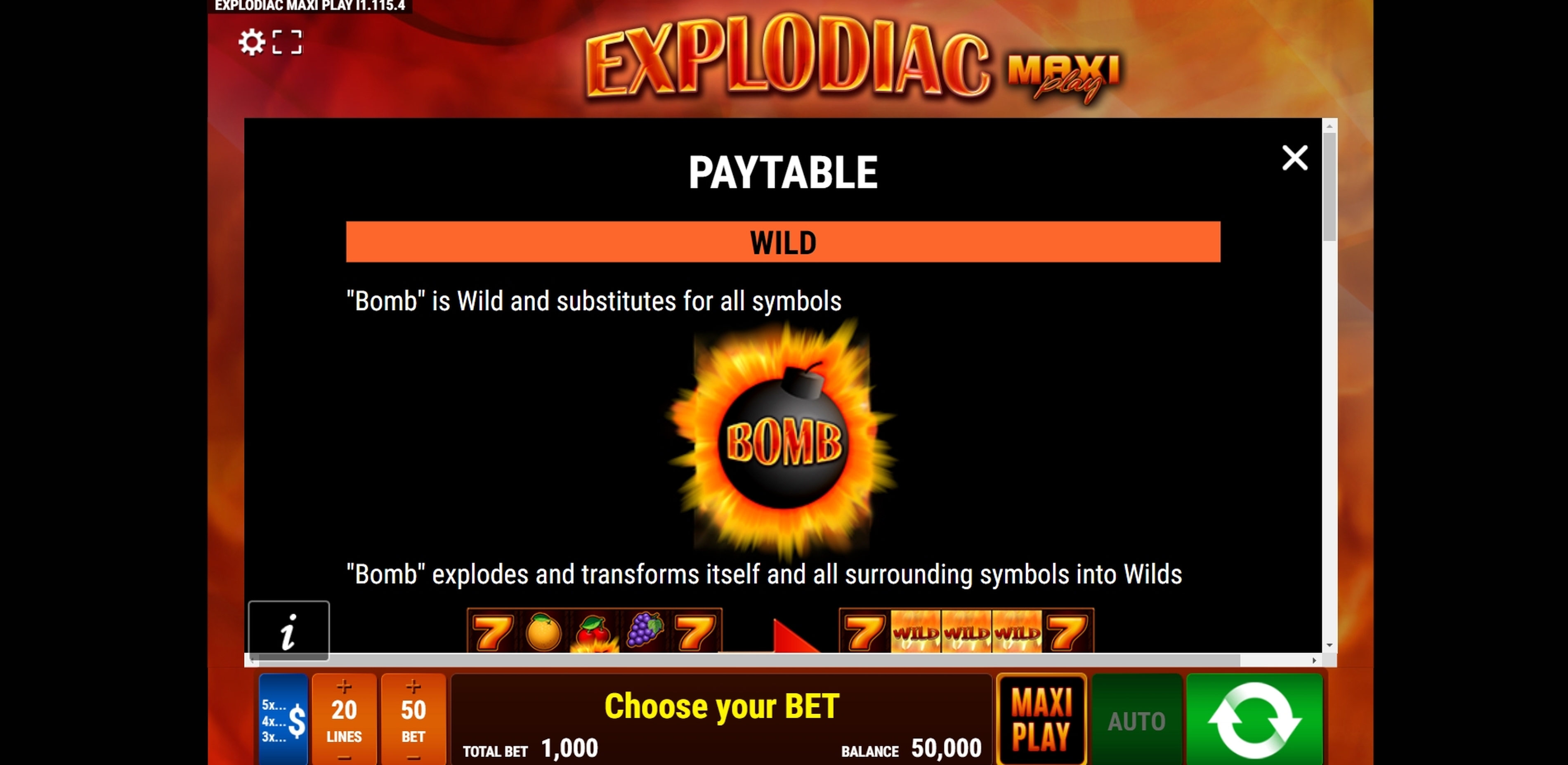 Info of Explodiac Maxi Play Slot Game by Gamomat