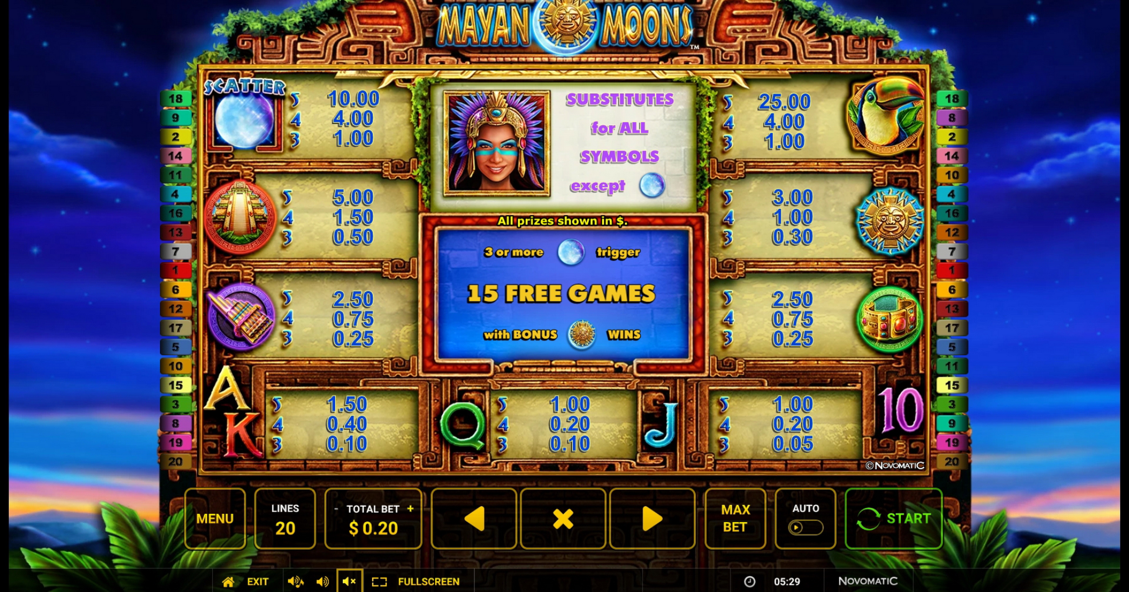Info of Mayan Moons Slot Game by Greentube