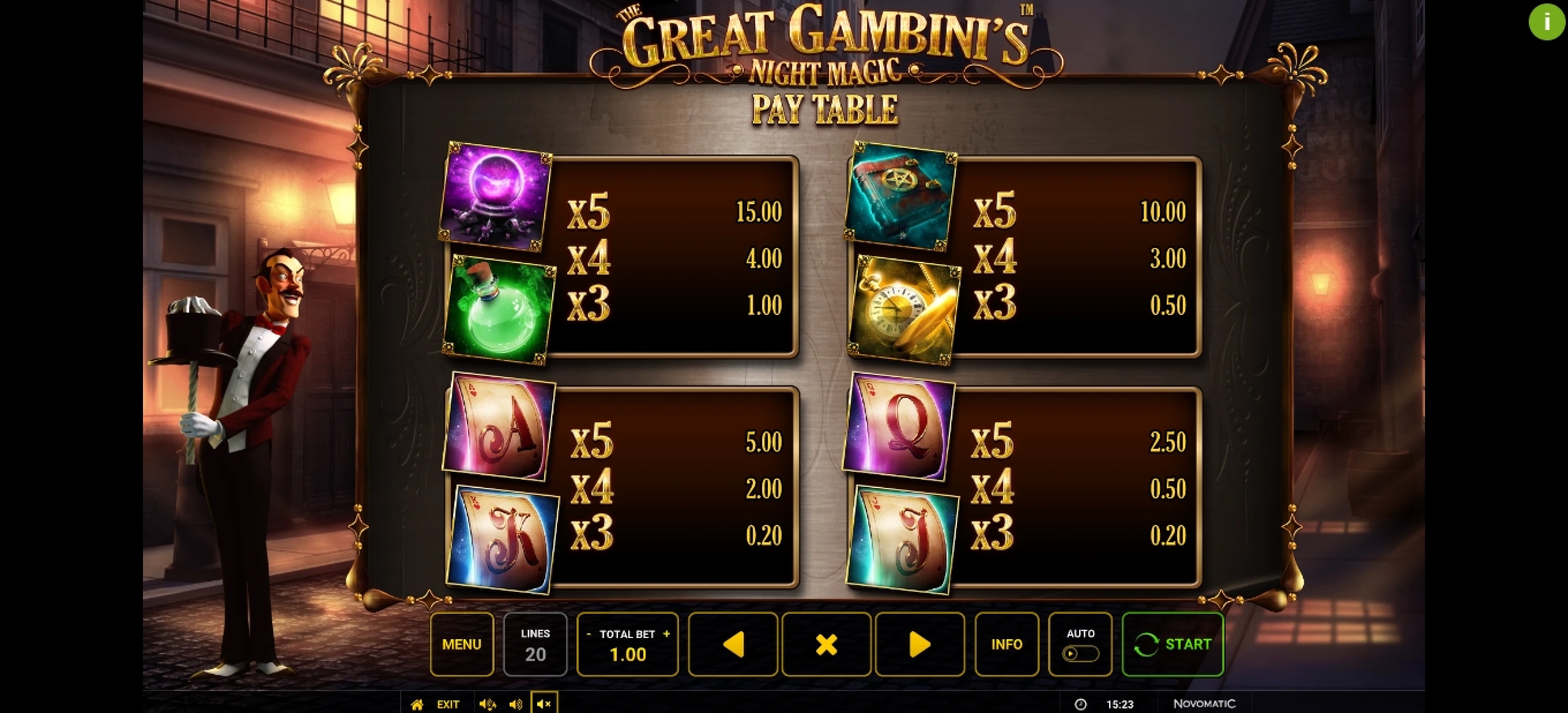 Info of The Great Gambini's Night Magic Slot Game by Greentube