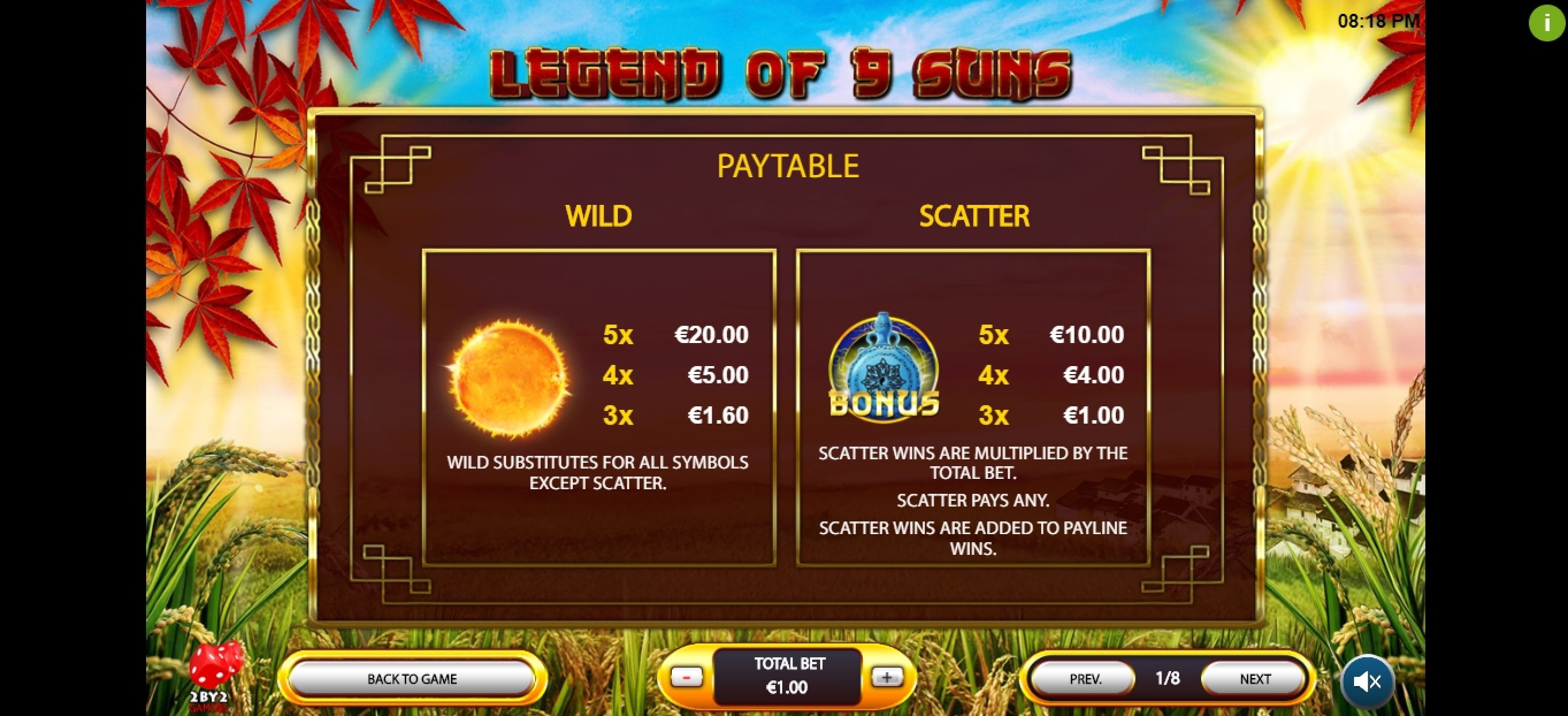Info of Legend of 9 Suns Slot Game by Leander Games