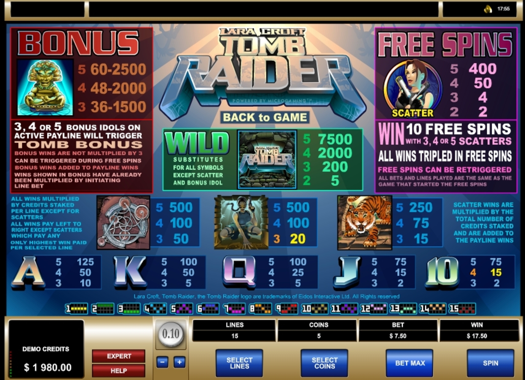 Info of Tomb Raider Slot Game by Microgaming