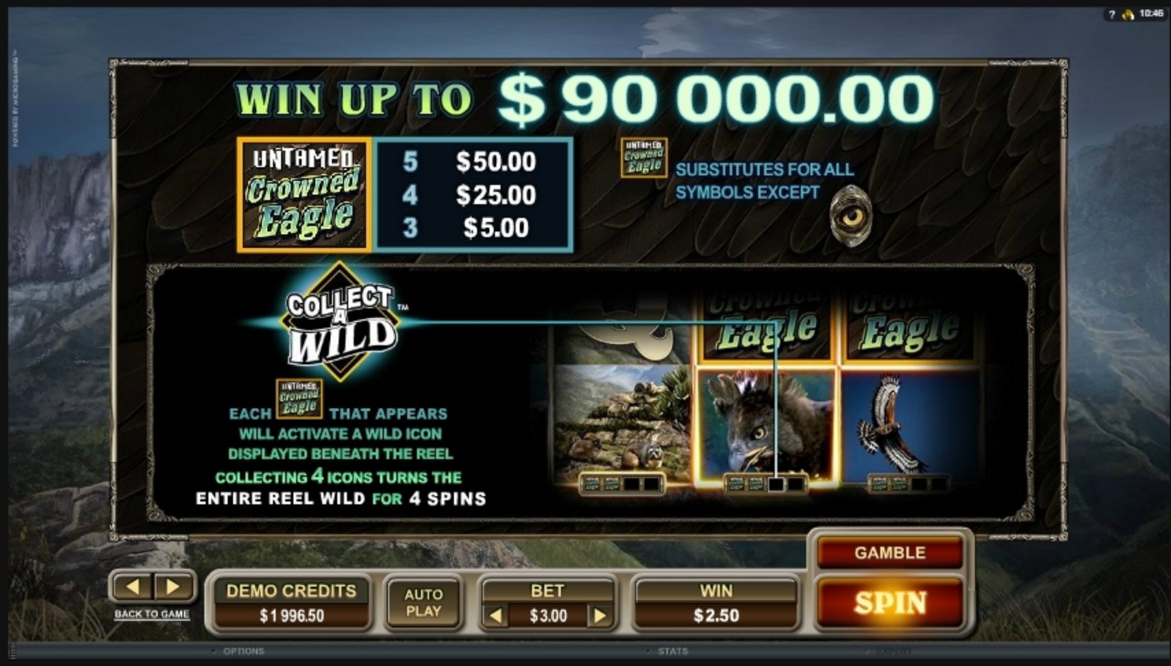 Info of Untamed Crowned Eagle Slot Game by Microgaming