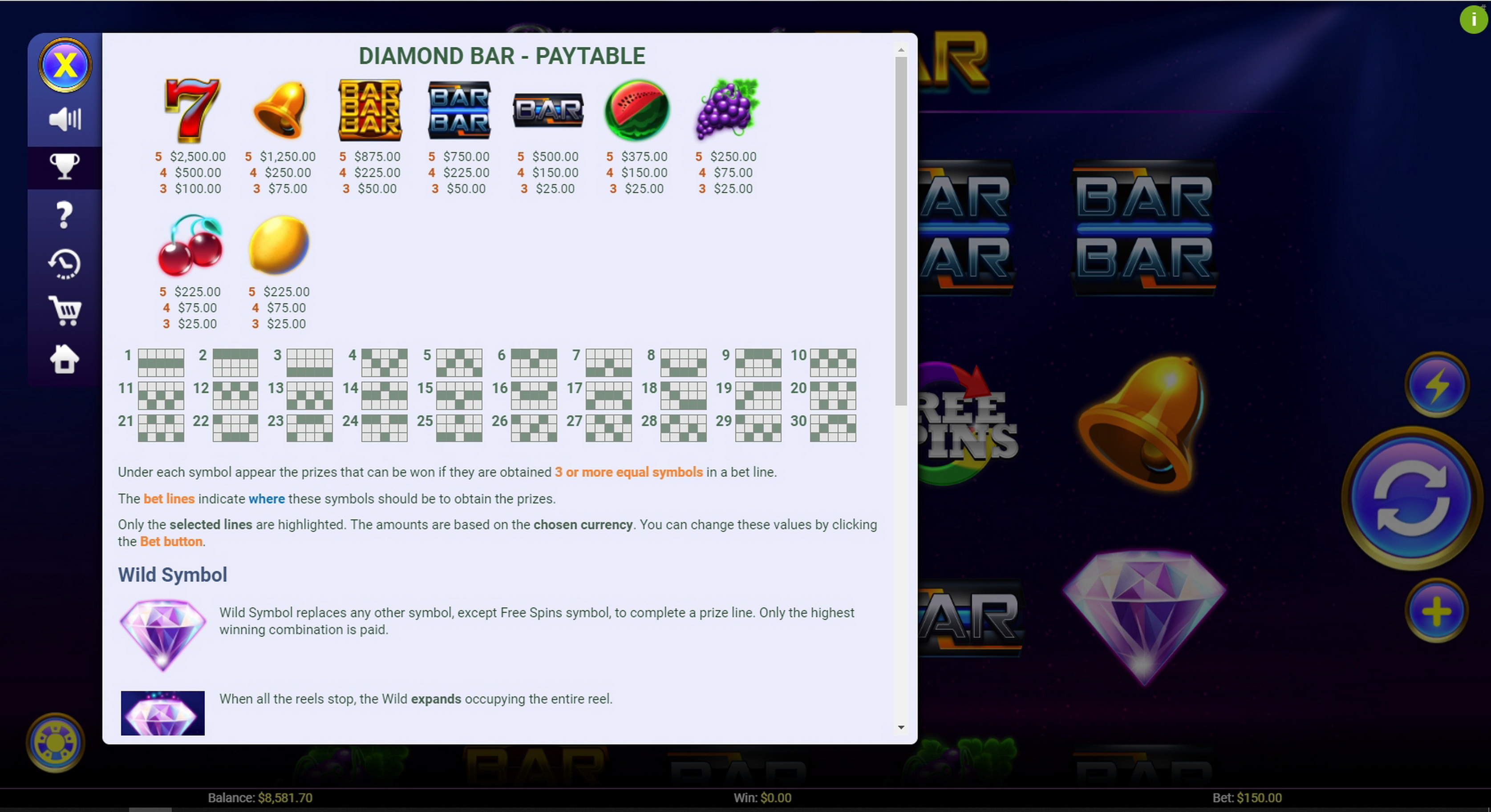 Info of Diamond Bar Slot Game by Mobilots