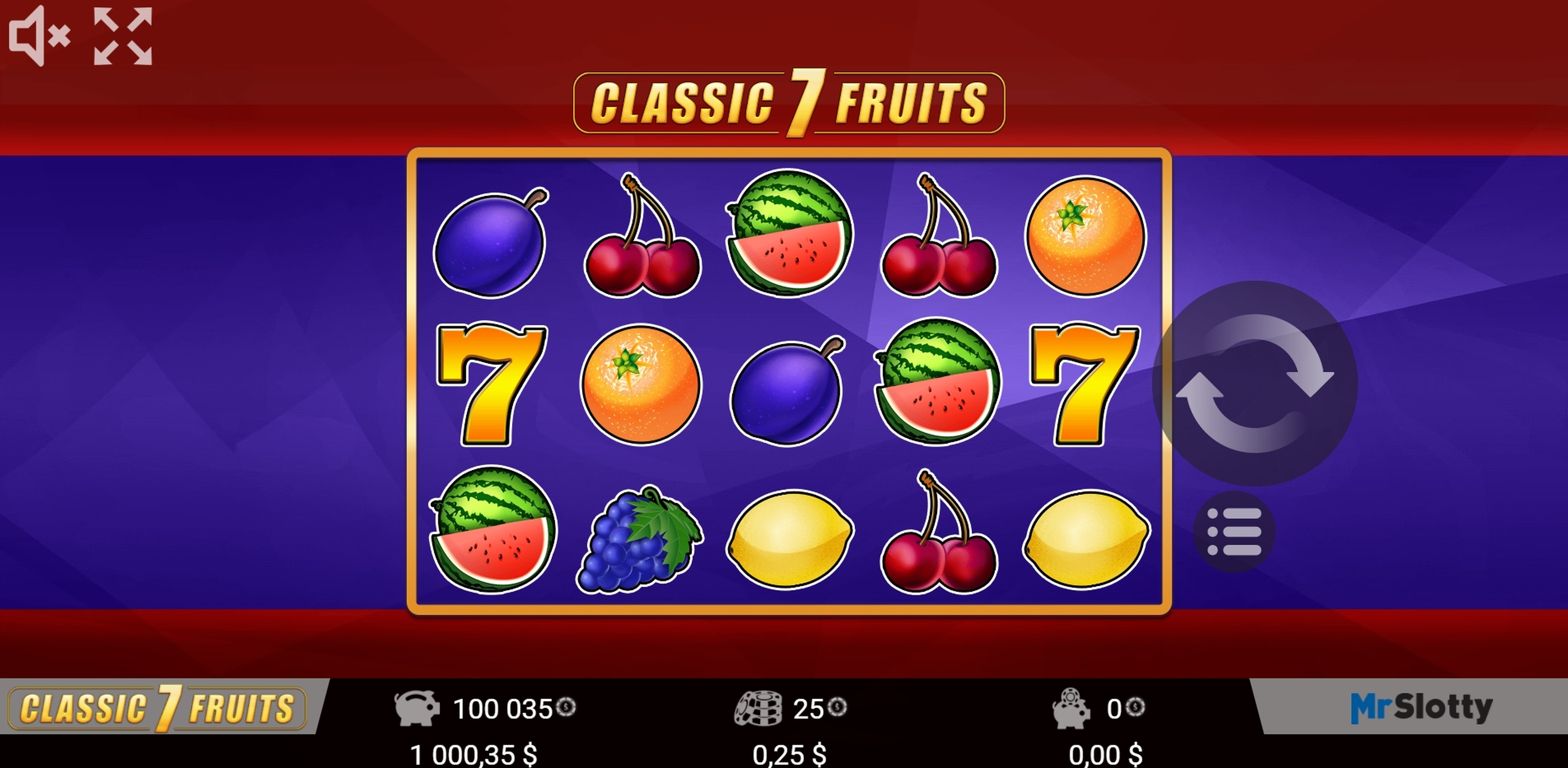 Reels in Classic 7 Fruits Slot Game by Mr Slotty