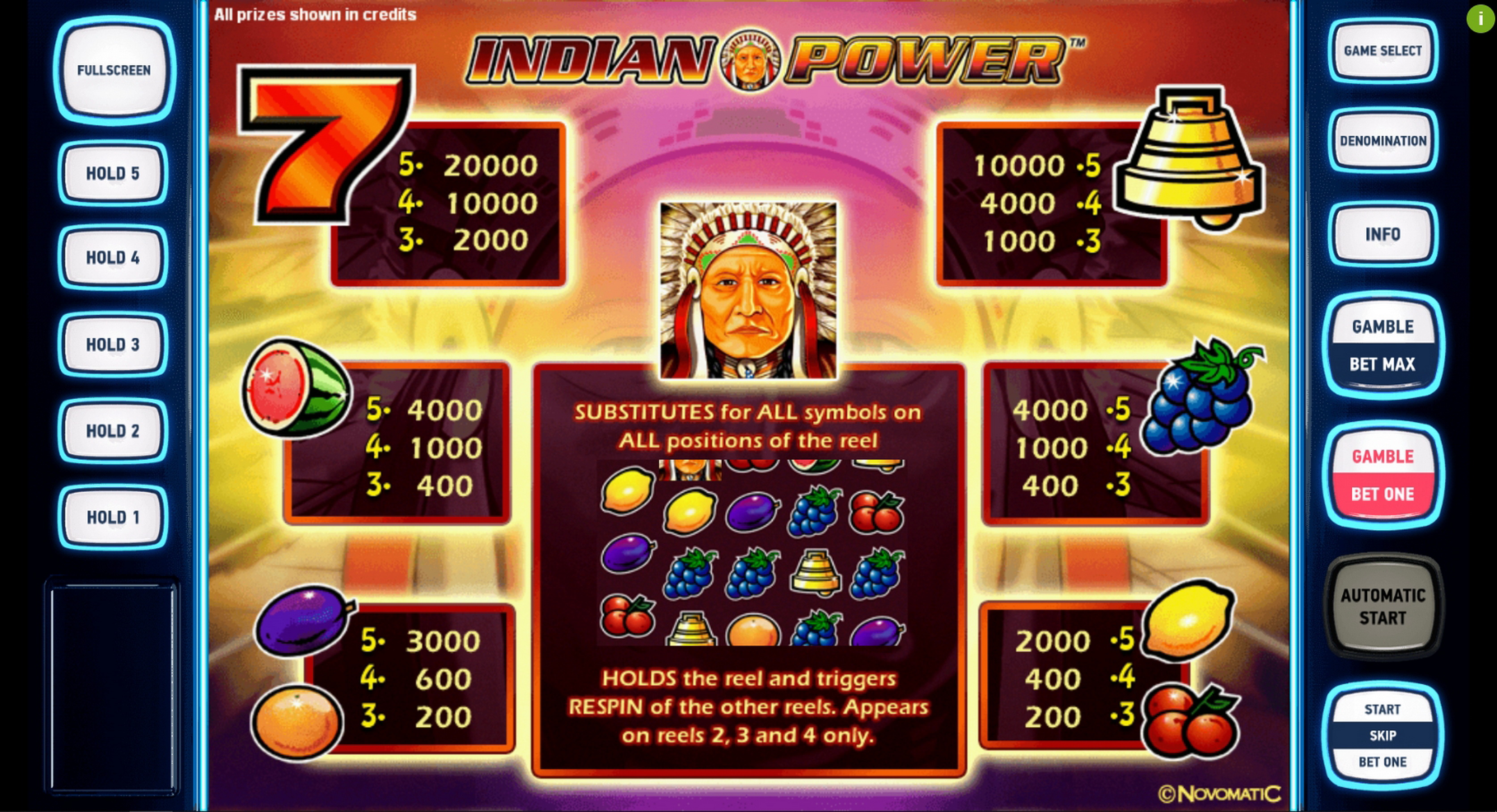 Info of Indian Power Deluxe Slot Game by Novomatic