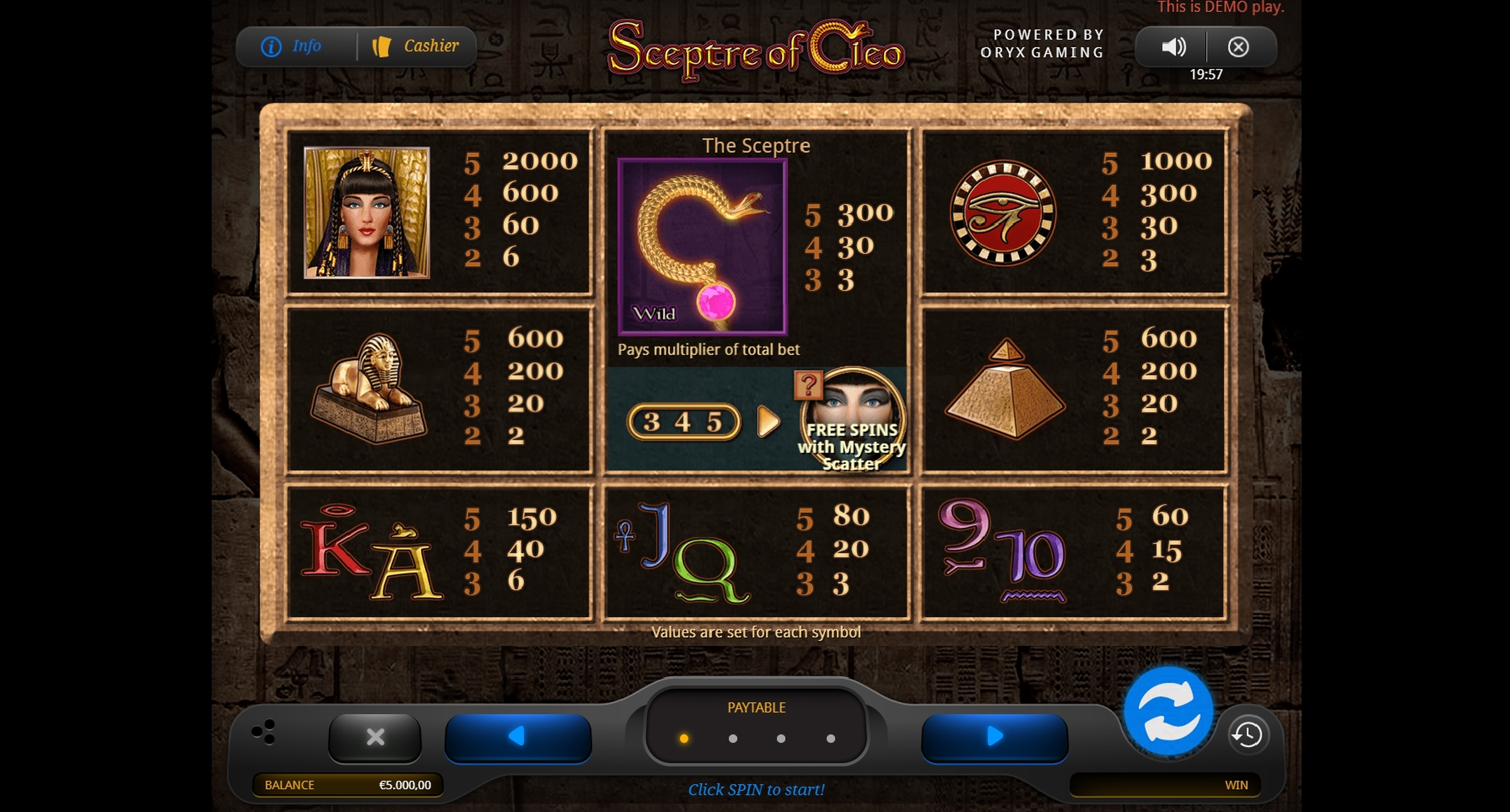 Info of Sceptre of Cleo Slot Game by Oryx Gaming