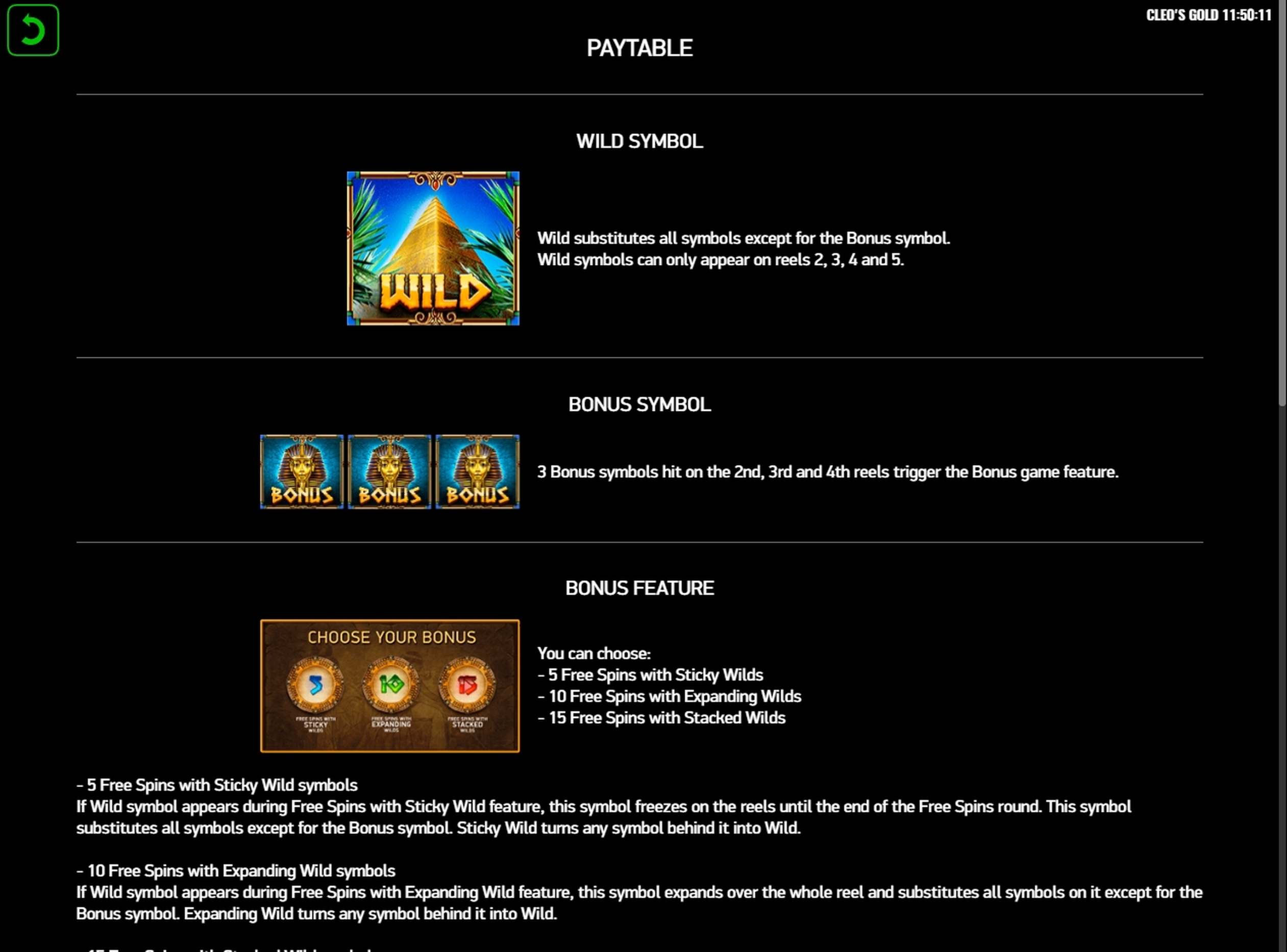 Info of Cleo's Gold Slot Game by Platipus