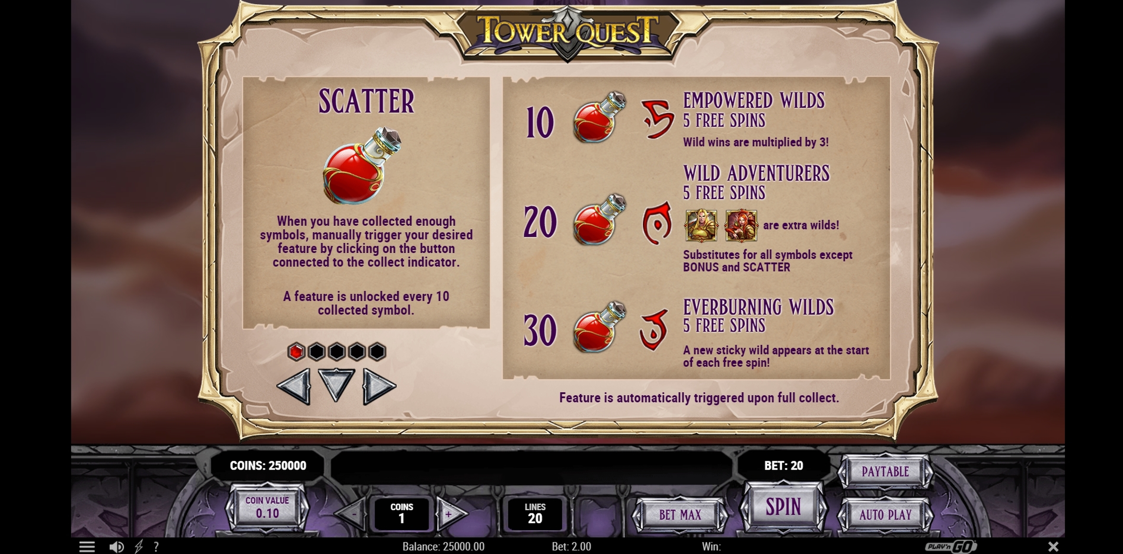 Info of Tower Quest Slot Game by Playn GO