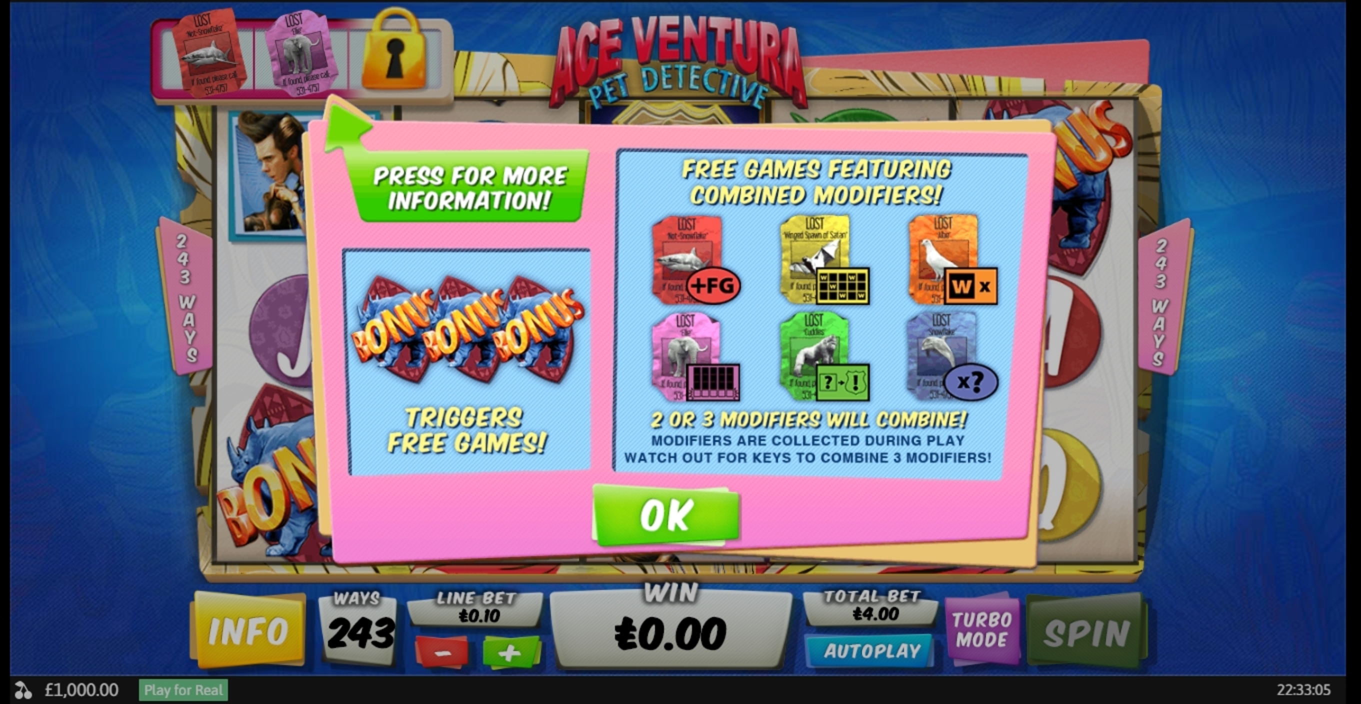 Play Ace Ventura Free Casino Slot Game by Playtech
