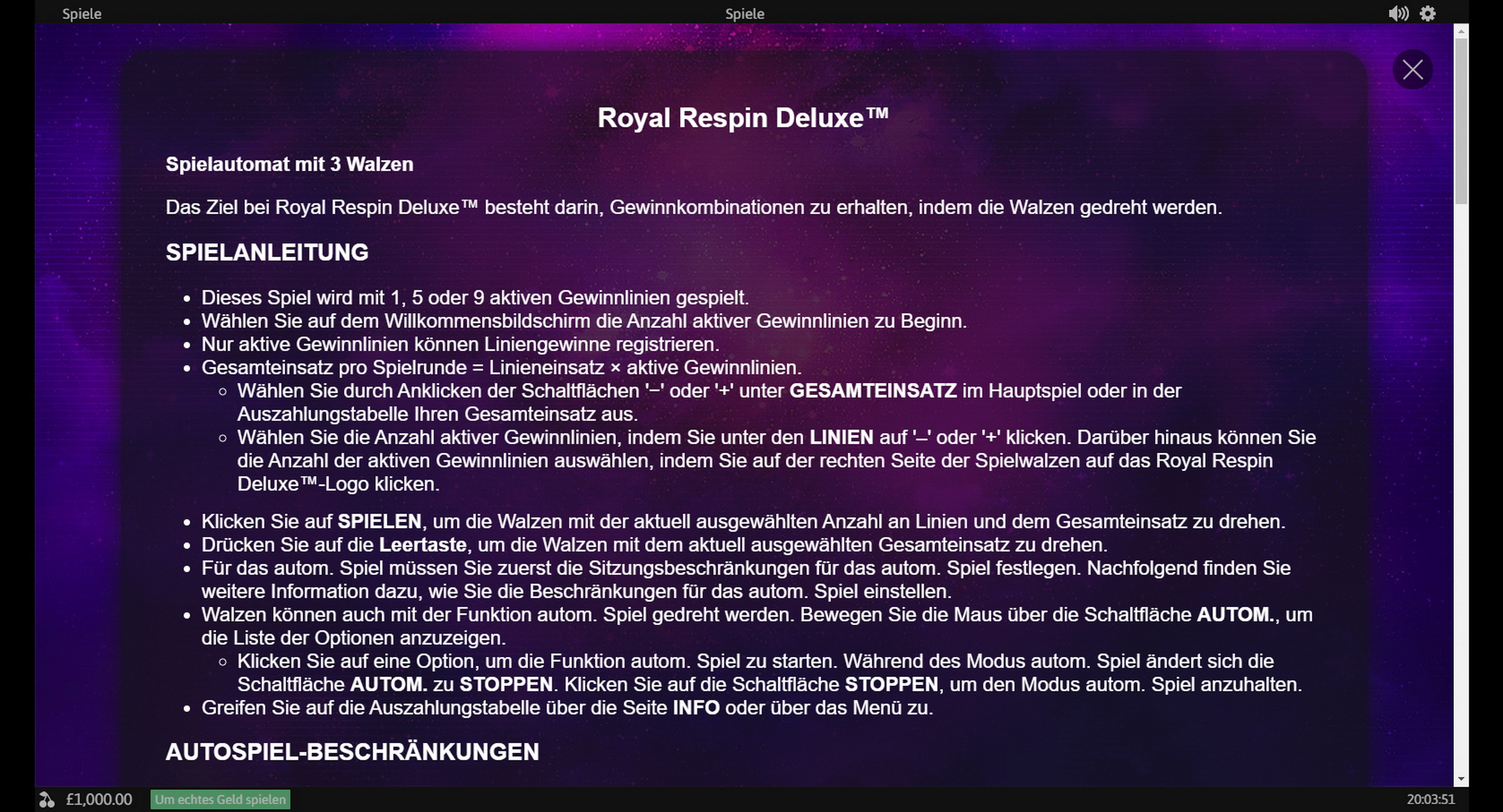 Info of Royal Respin Deluxe Slot Game by Playtech