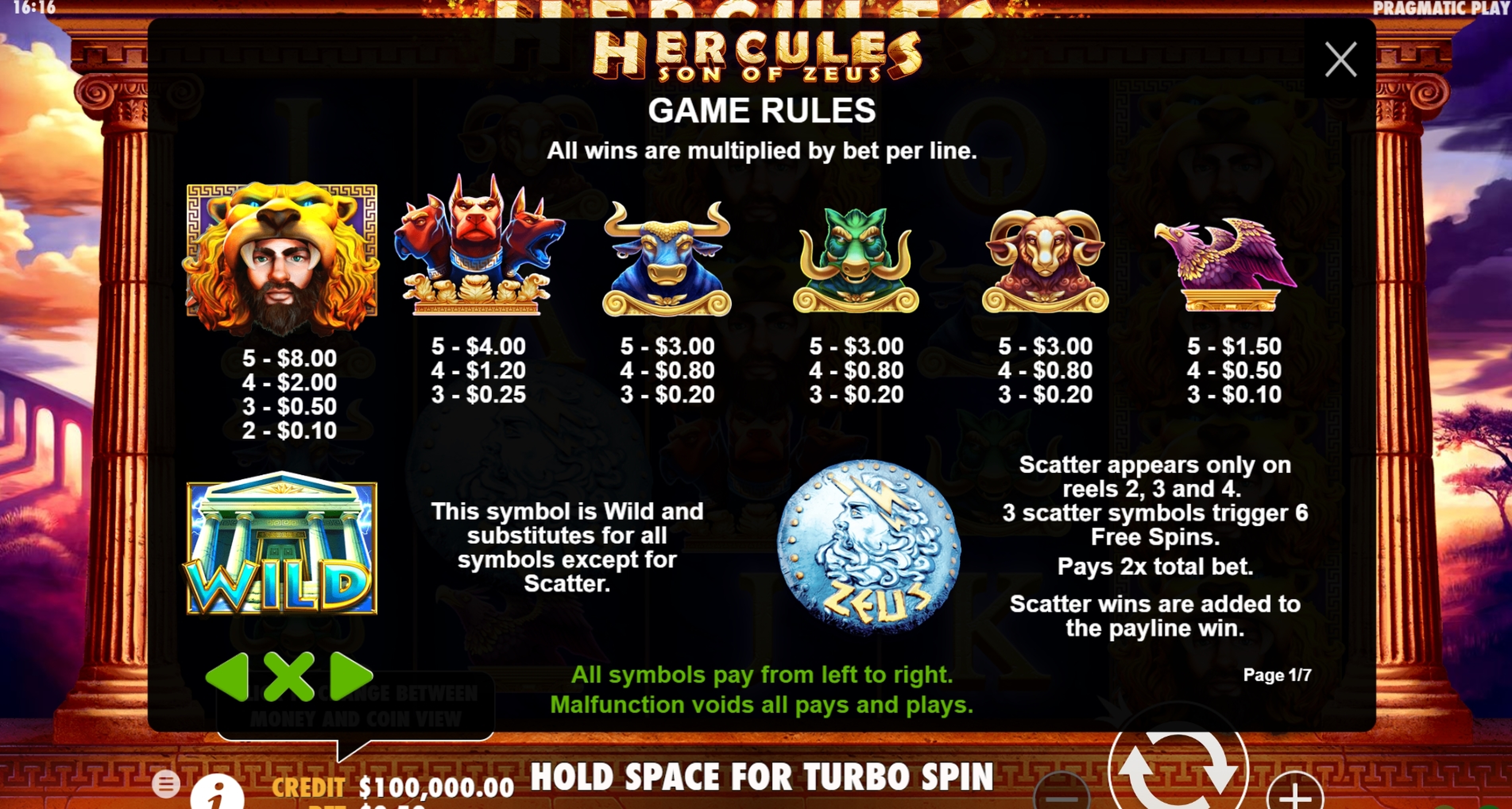 Info of Hercules Son of Zeus Slot Game by Pragmatic Play