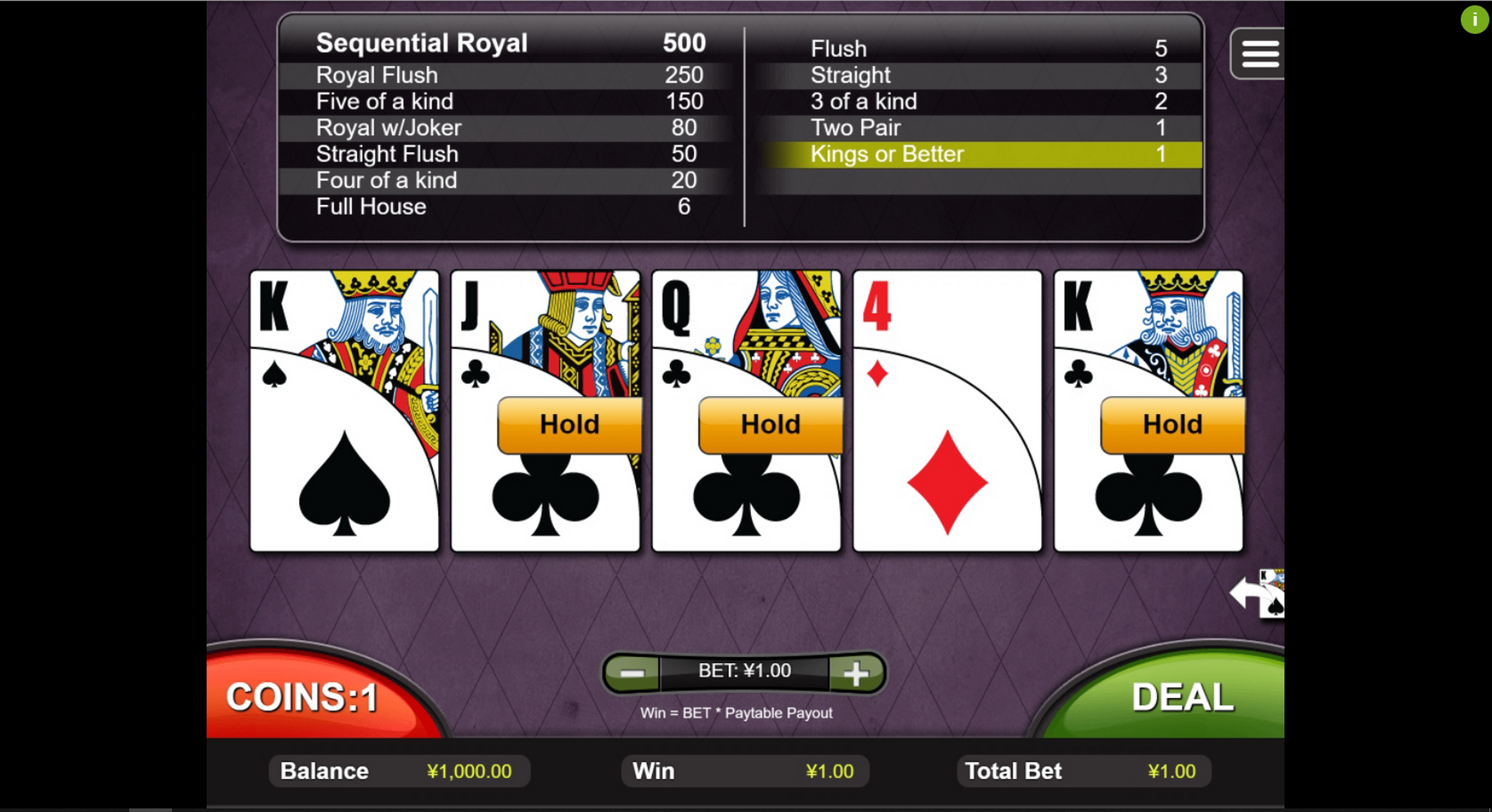 Win Money in Joker Poker (RTG) Free Slot Game by Real Time Gaming