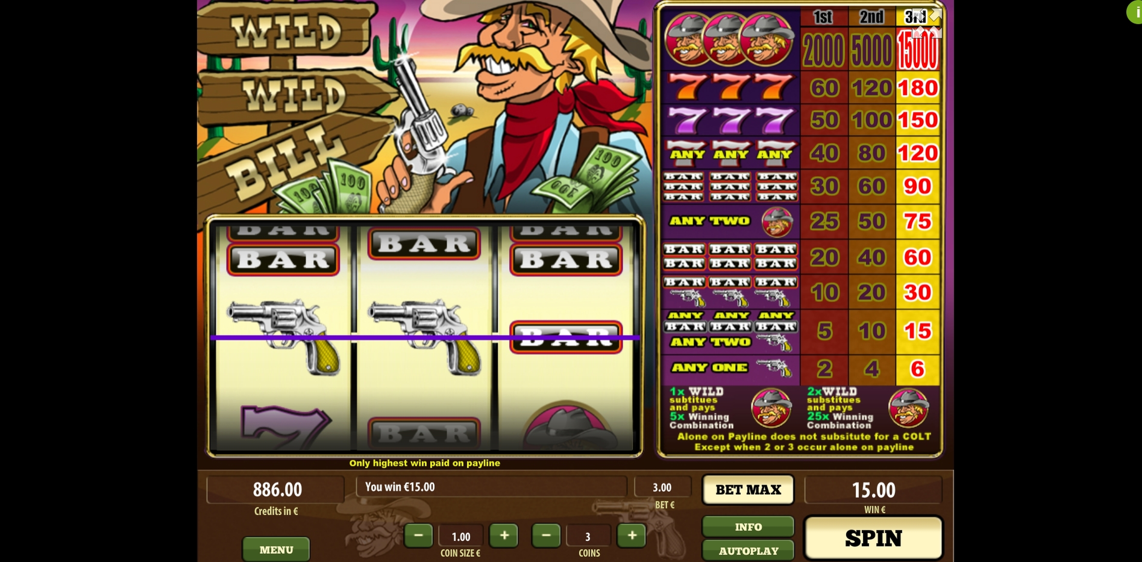 Win Money in Wild Wild Bill Free Slot Game by Tom Horn Gaming